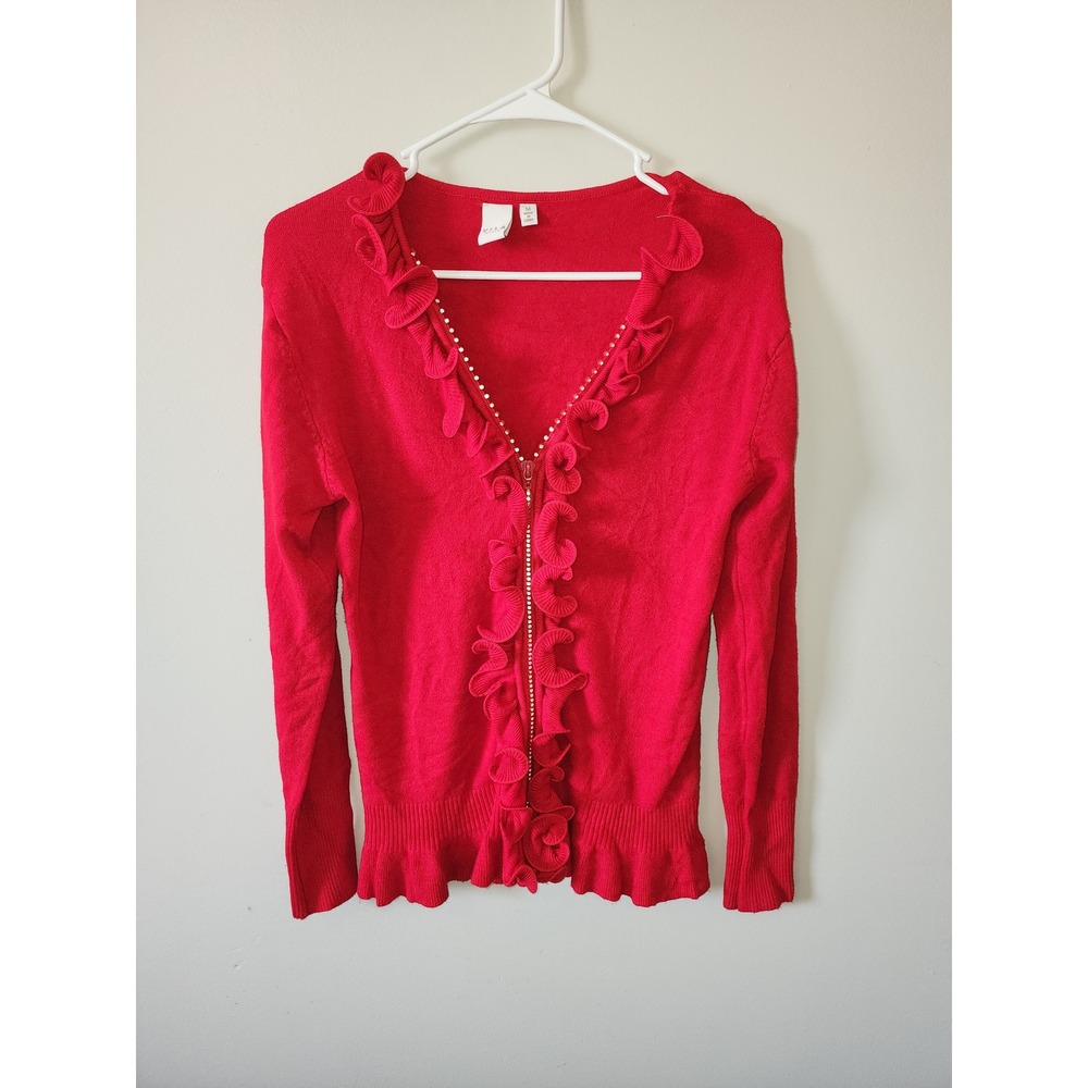 Vila Milano Cardigan Size Medium Red Ruffle Zip Up Sweater Rhinestone V-Neck
